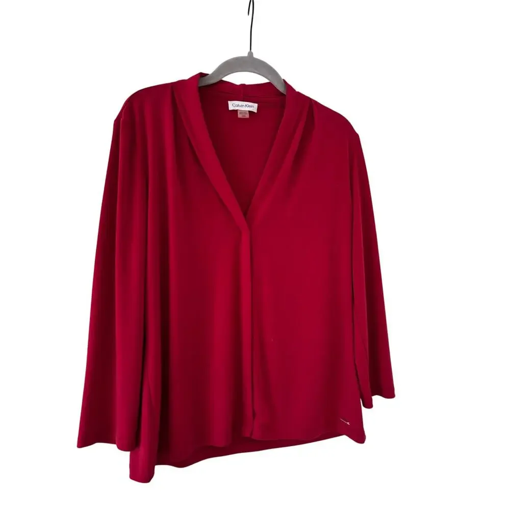 Calvin Klein Womens Red V Neck Blouse Top Long Sleeve Stretch Career Office - Picture 2 of 8